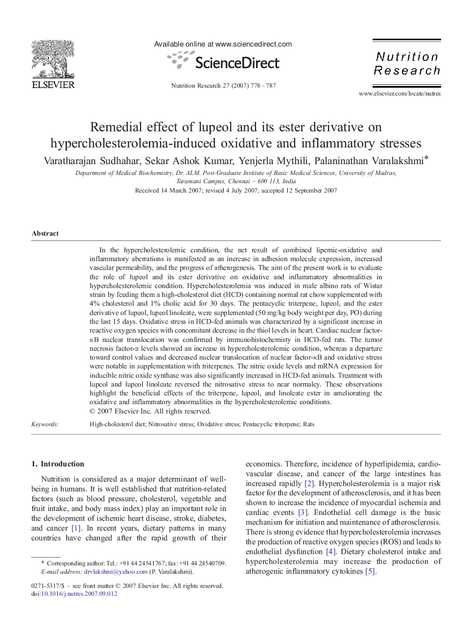 Remedial effect of lupeol and its ester derivative on hypercholesterolemia-induced oxidative and inflammatory stresses