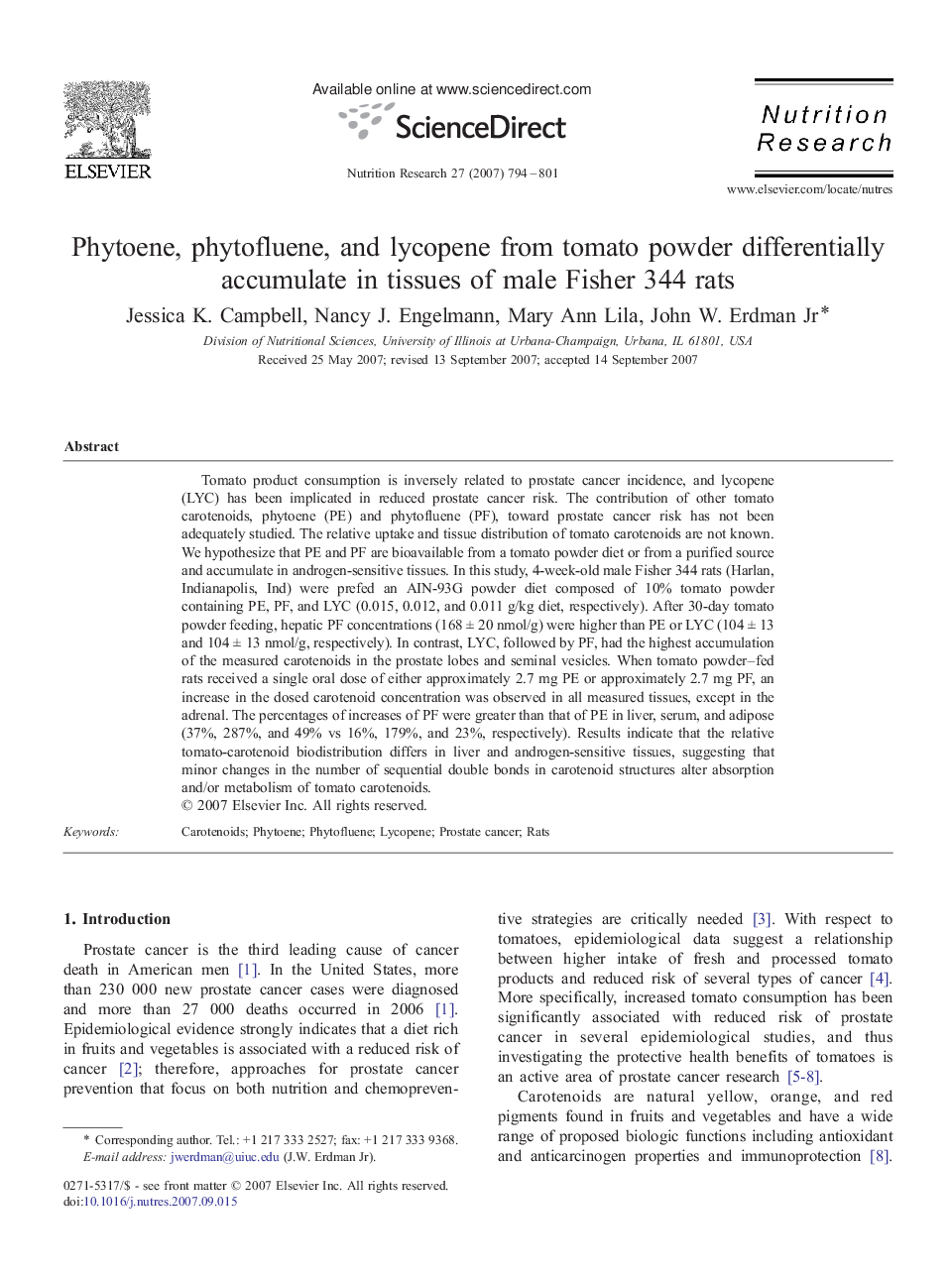 Phytoene, phytofluene, and lycopene from tomato powder differentially accumulate in tissues of male Fisher 344 rats