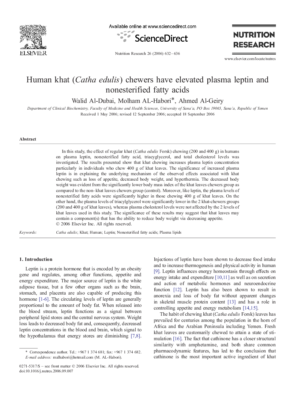 Human khat (Catha edulis) chewers have elevated plasma leptin and nonesterified fatty acids