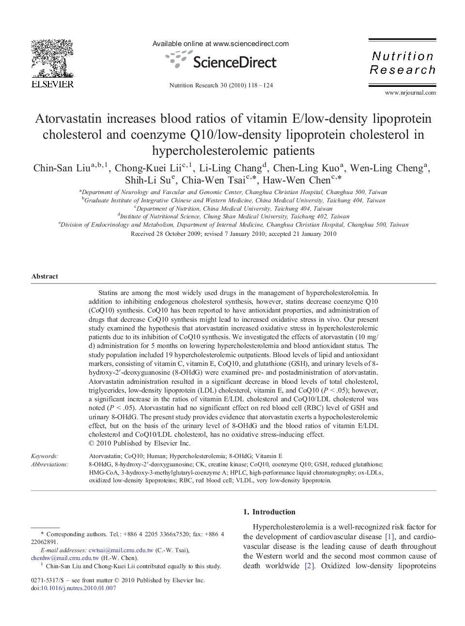 Atorvastatin increases blood ratios of vitamin E/low-density lipoprotein cholesterol and coenzyme Q10/low-density lipoprotein cholesterol in hypercholesterolemic patients