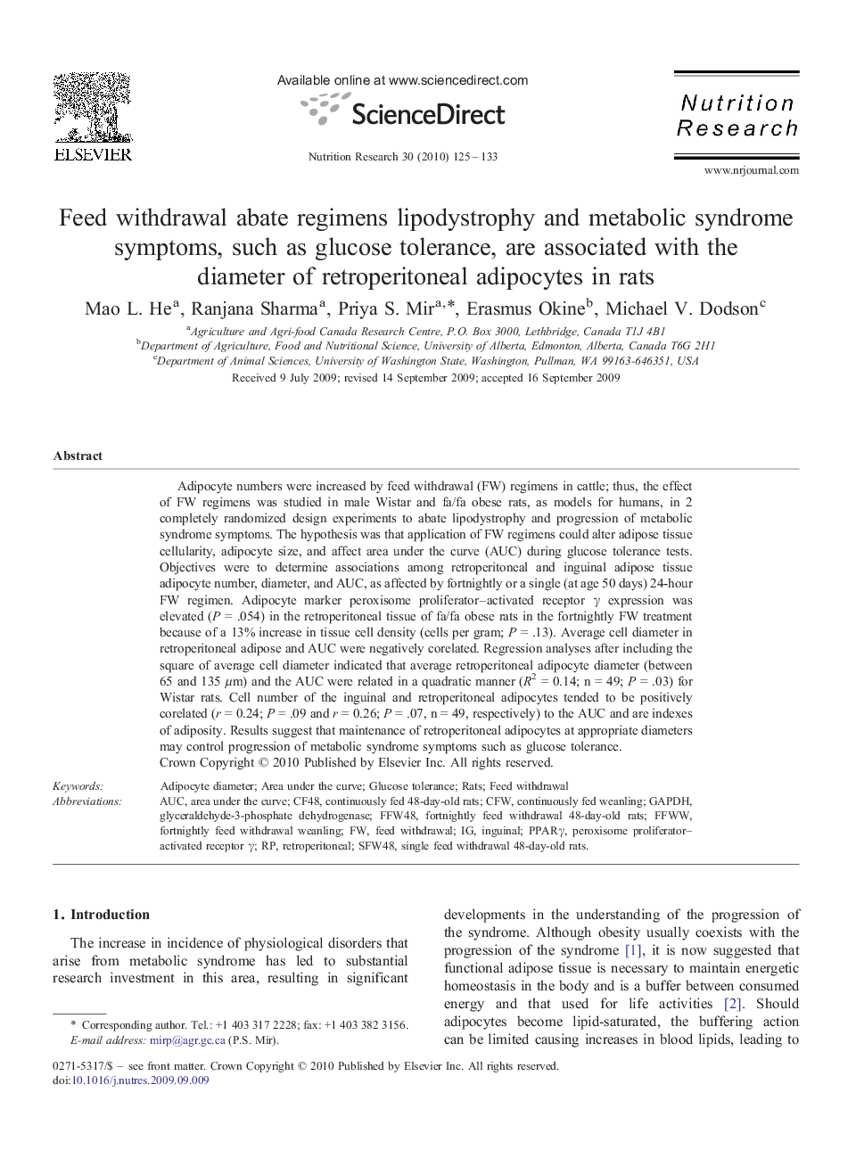 Feed withdrawal abate regimens lipodystrophy and metabolic syndrome symptoms, such as glucose tolerance, are associated with the diameter of retroperitoneal adipocytes in rats