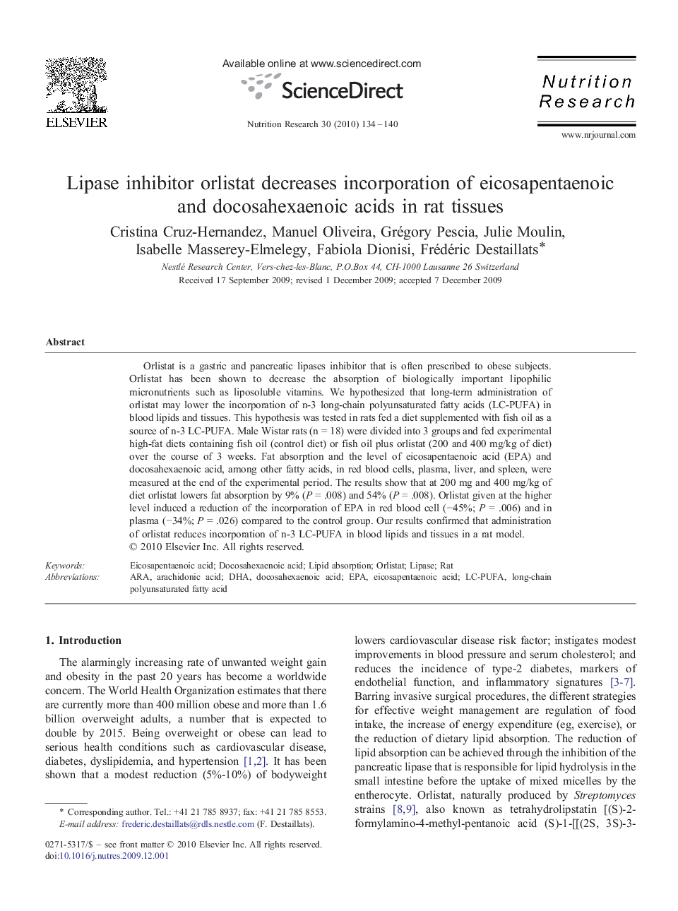 Lipase inhibitor orlistat decreases incorporation of eicosapentaenoic and docosahexaenoic acids in rat tissues