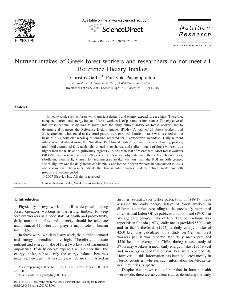 Nutrient intakes of Greek forest workers and researchers do not meet all Reference Dietary Intakes