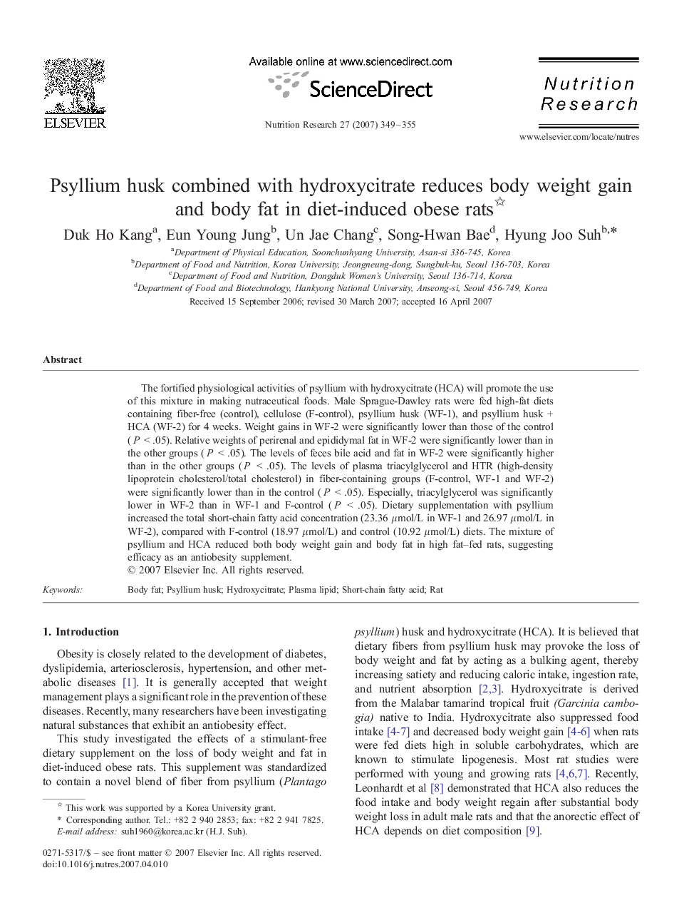 Psyllium husk combined with hydroxycitrate reduces body weight gain and body fat in diet-induced obese rats 