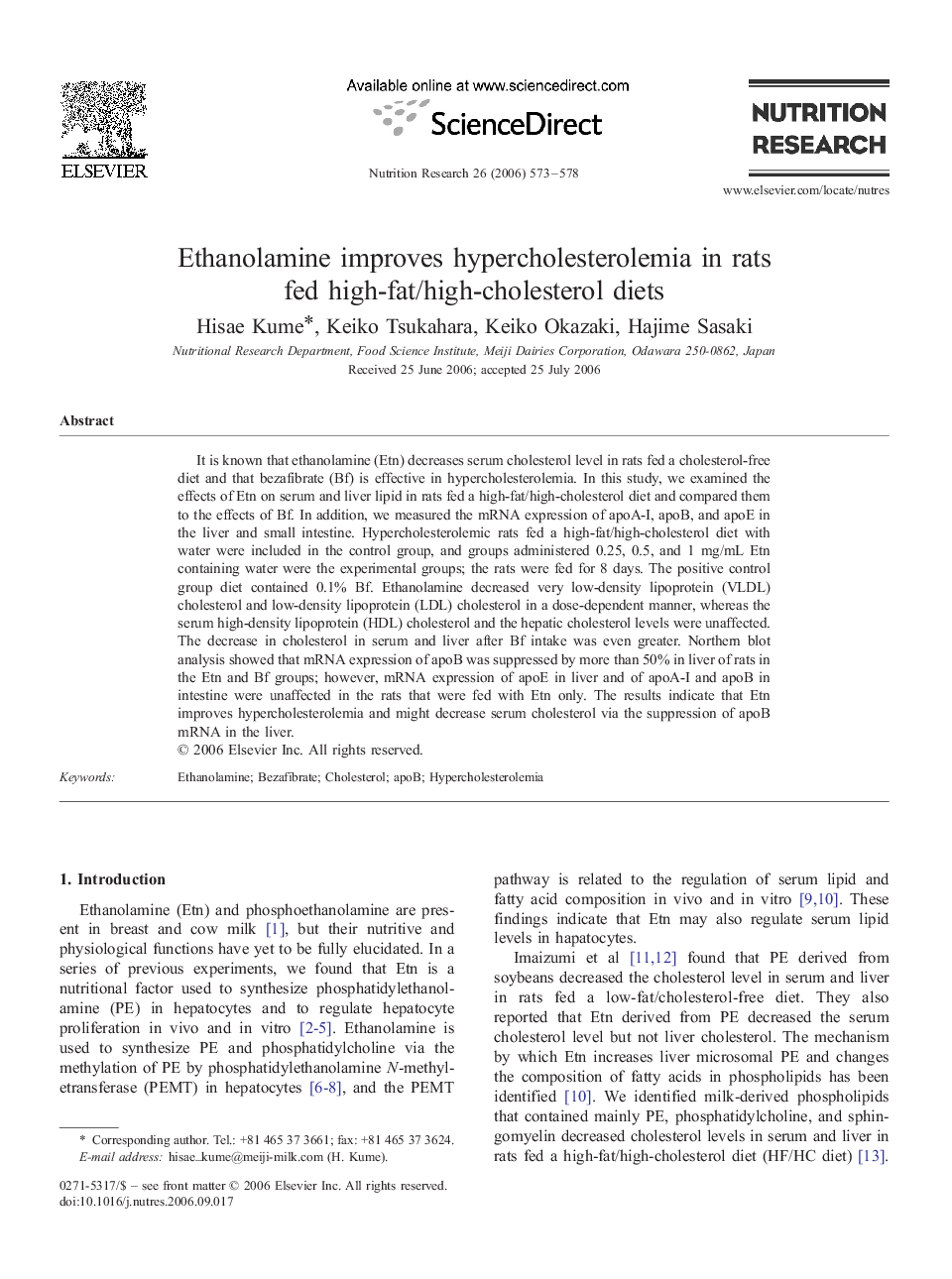 Ethanolamine improves hypercholesterolemia in rats fed high-fat/high-cholesterol diets