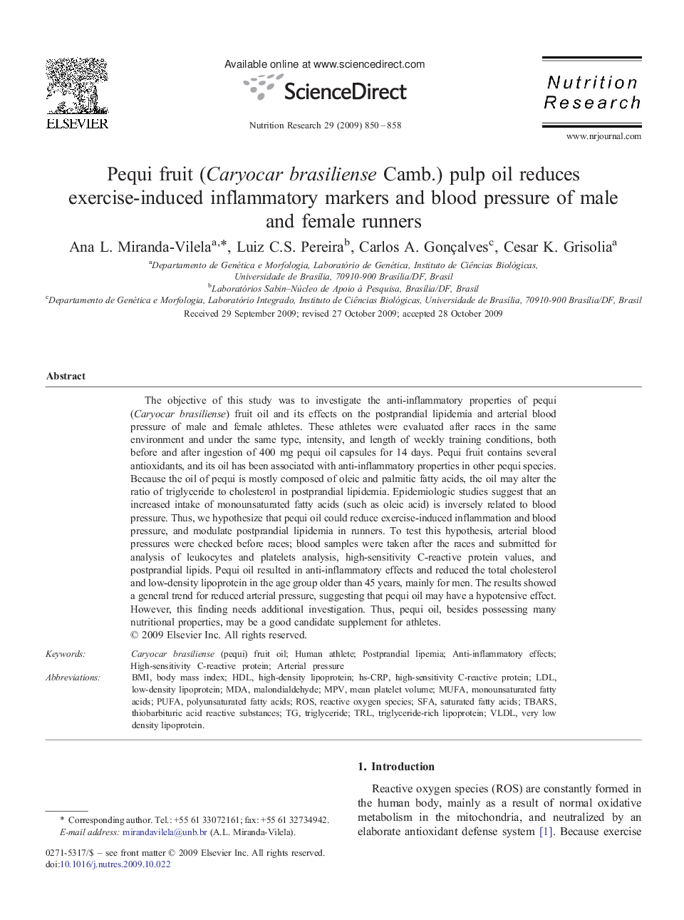 Pequi fruit (Caryocar brasiliense Camb.) pulp oil reduces exercise-induced inflammatory markers and blood pressure of male and female runners