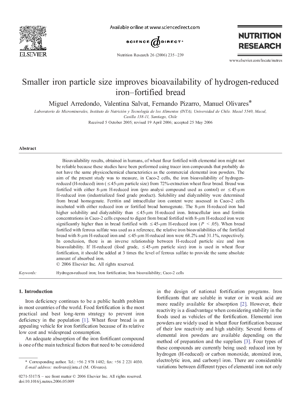 Smaller iron particle size improves bioavailability of hydrogen-reduced iron–fortified bread