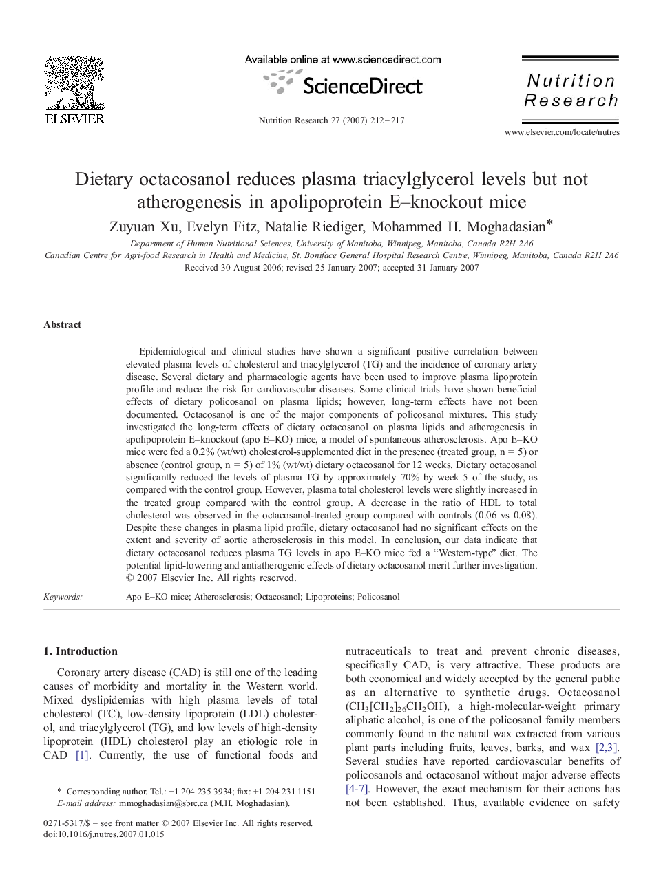 Dietary octacosanol reduces plasma triacylglycerol levels but not atherogenesis in apolipoprotein E-knockout mice