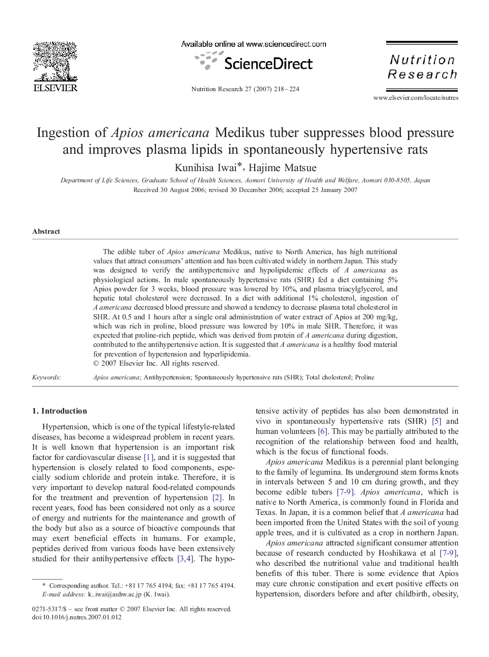 Ingestion of Apios americana Medikus tuber suppresses blood pressure and improves plasma lipids in spontaneously hypertensive rats