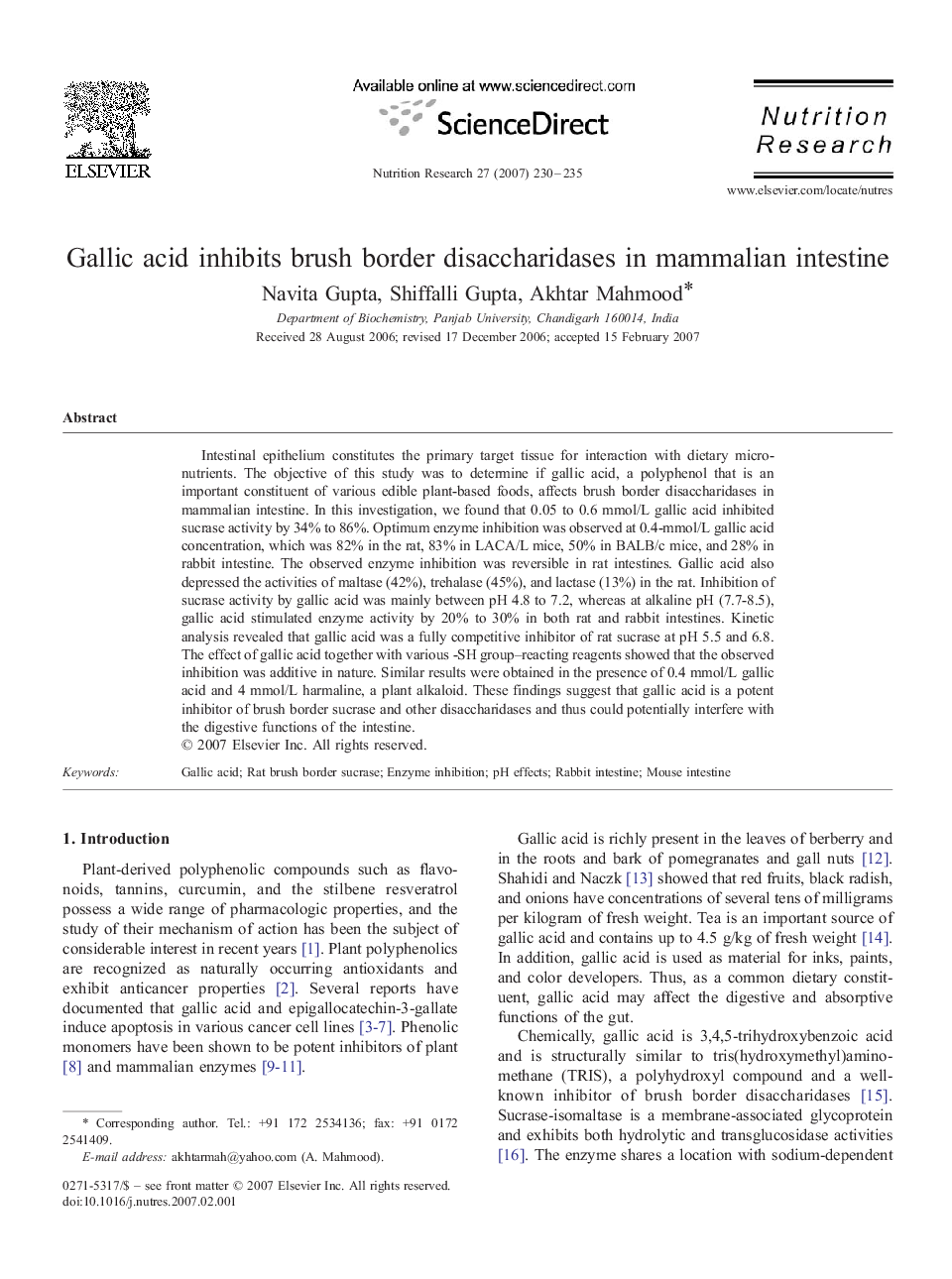 Gallic acid inhibits brush border disaccharidases in mammalian intestine