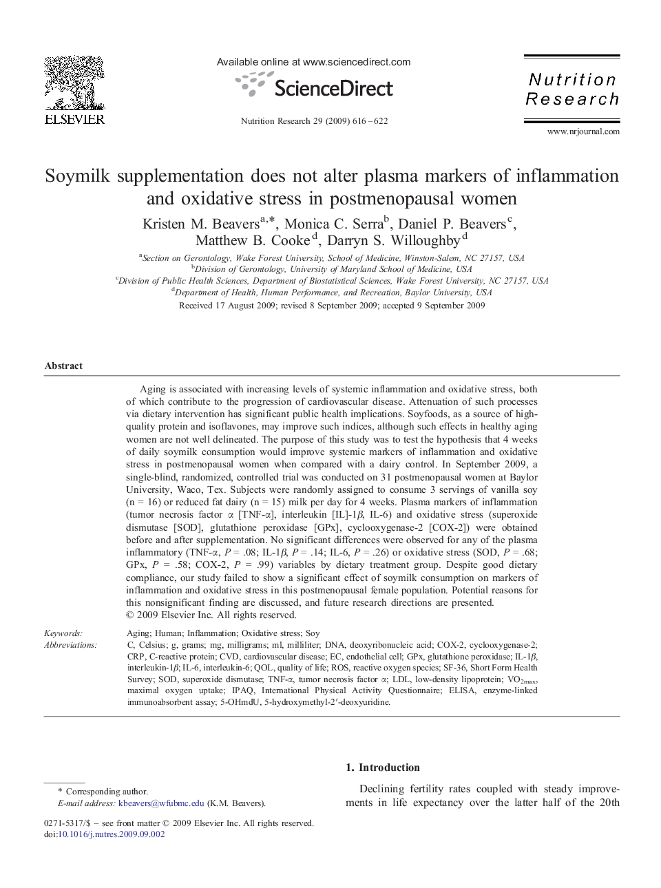 Soymilk supplementation does not alter plasma markers of inflammation and oxidative stress in postmenopausal women