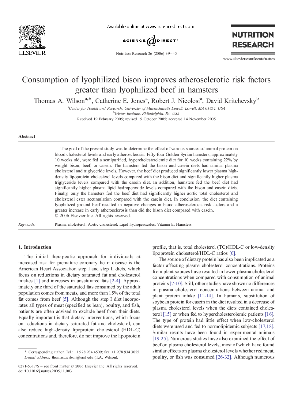 Consumption of lyophilized bison improves atherosclerotic risk factors greater than lyophilized beef in hamsters