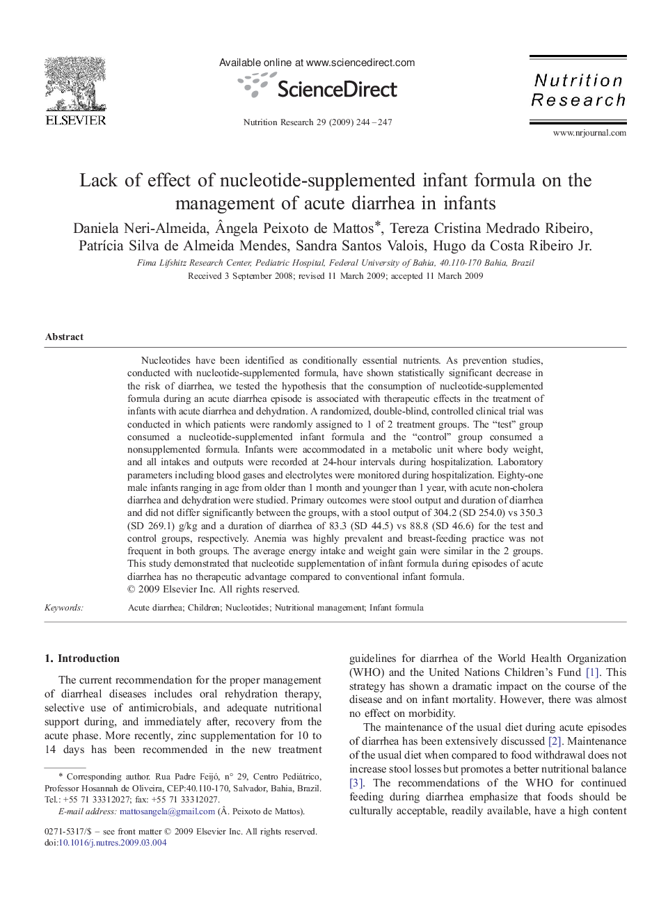 Lack of effect of nucleotide-supplemented infant formula on the management of acute diarrhea in infants