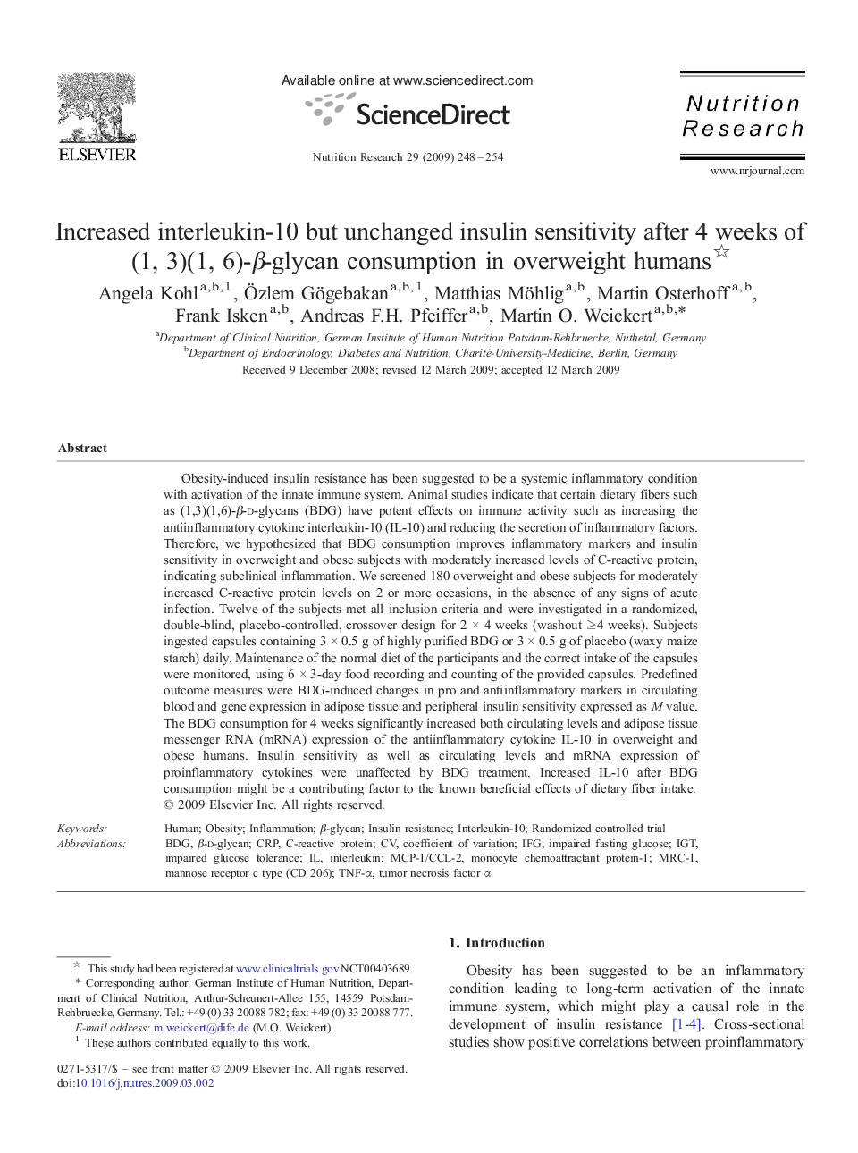 Increased interleukin-10 but unchanged insulin sensitivity after 4 weeks of (1, 3)(1, 6)-β-glycan consumption in overweight humans 