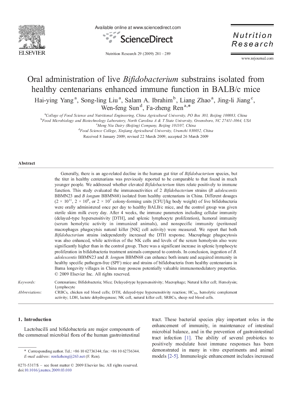 Oral administration of live Bifidobacterium substrains isolated from healthy centenarians enhanced immune function in BALB/c mice