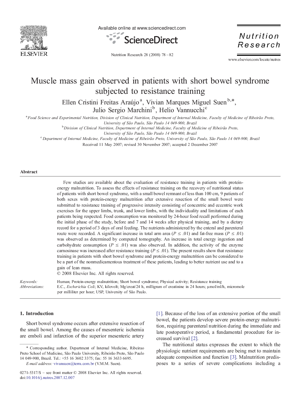 Muscle mass gain observed in patients with short bowel syndrome subjected to resistance training