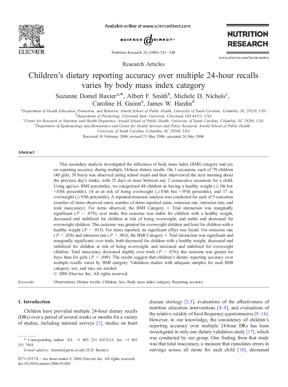 Children's dietary reporting accuracy over multiple 24-hour recalls varies by body mass index category