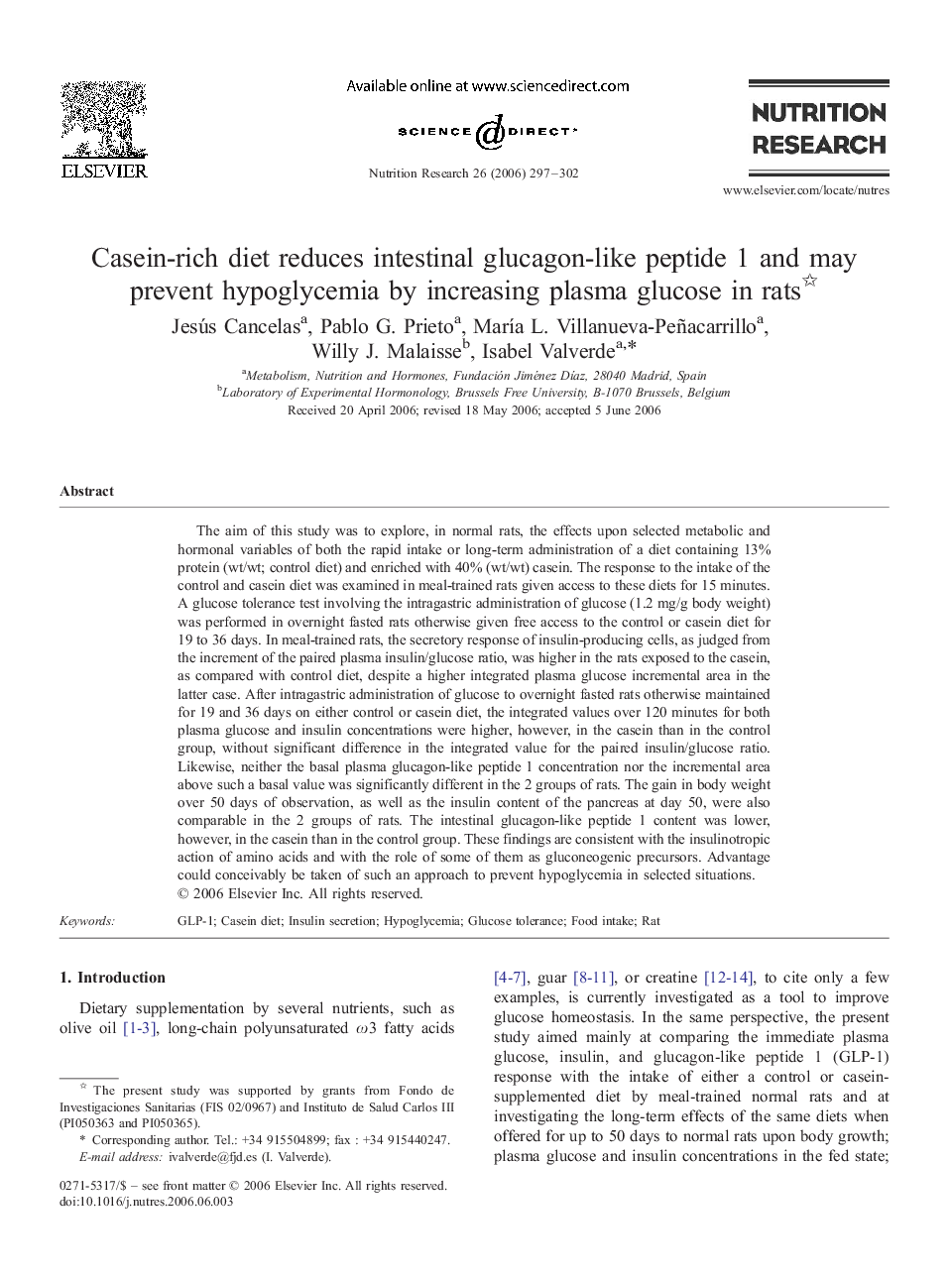 Casein-rich diet reduces intestinal glucagon-like peptide 1 and may prevent hypoglycemia by increasing plasma glucose in rats 