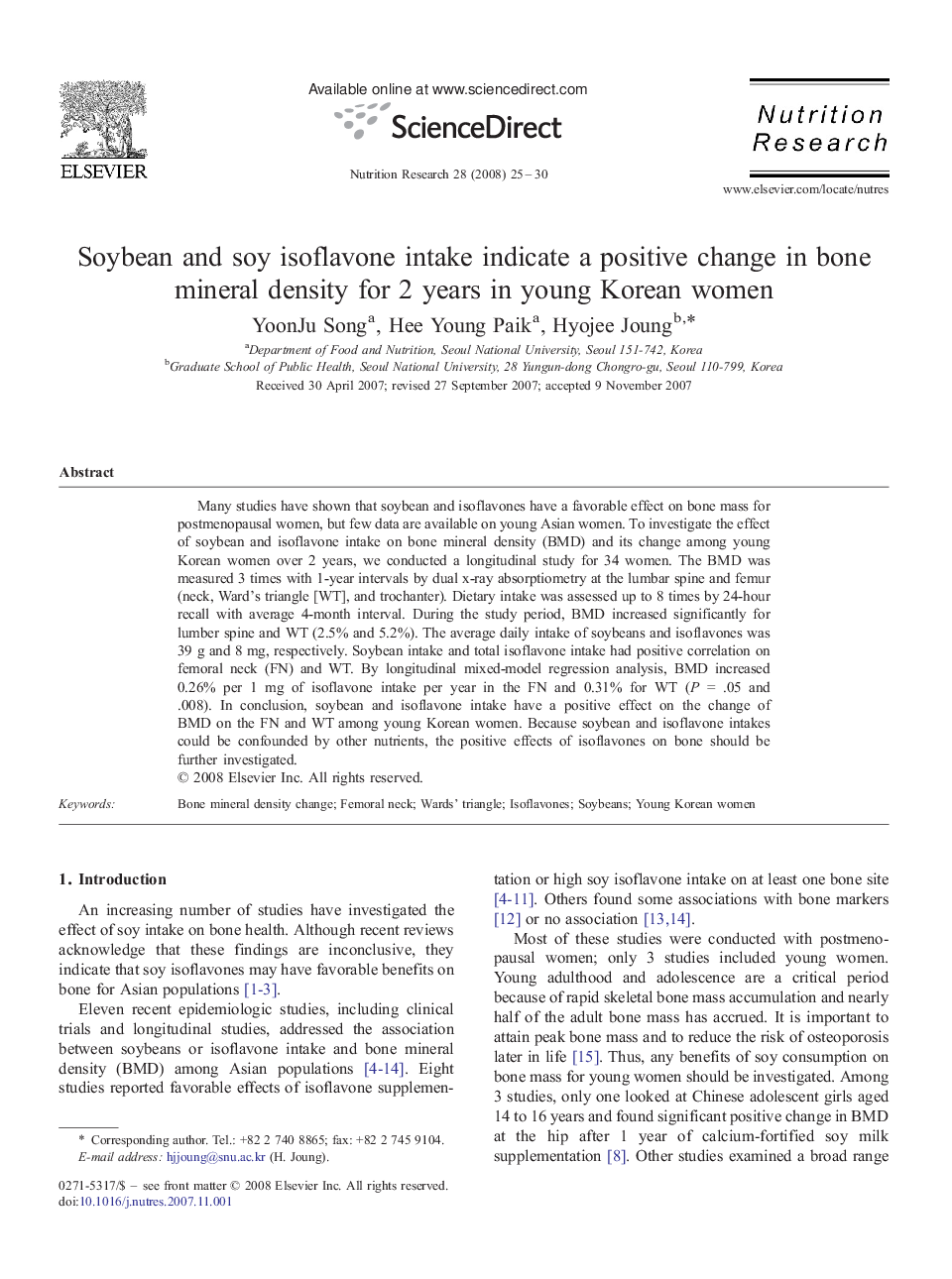 Soybean and soy isoflavone intake indicate a positive change in bone mineral density for 2 years in young Korean women