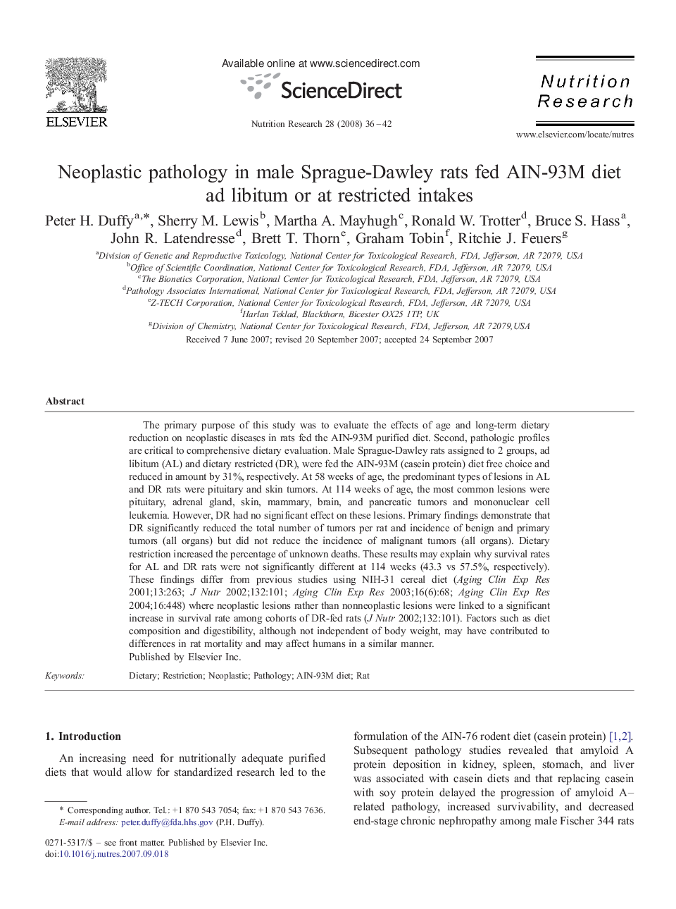 Neoplastic pathology in male Sprague-Dawley rats fed AIN-93M diet ad libitum or at restricted intakes