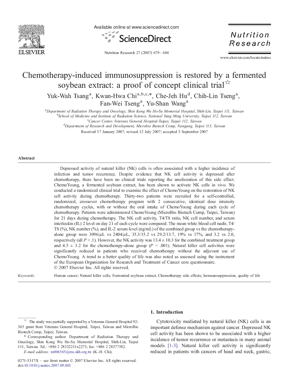 Chemotherapy-induced immunosuppression is restored by a fermented soybean extract: a proof of concept clinical trial 