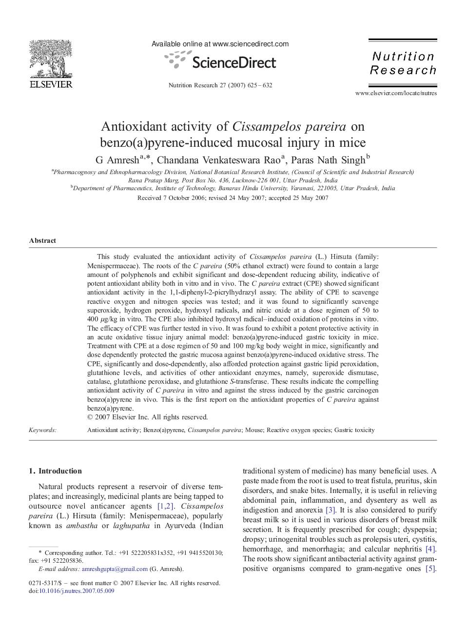 Antioxidant activity of Cissampelos pareira on benzo(a)pyrene-induced mucosal injury in mice