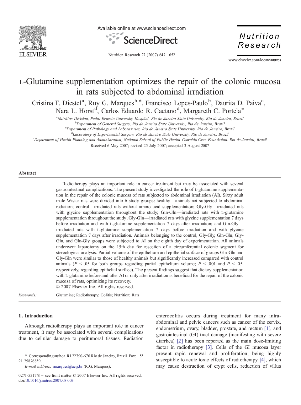 l-Glutamine supplementation optimizes the repair of the colonic mucosa in rats subjected to abdominal irradiation
