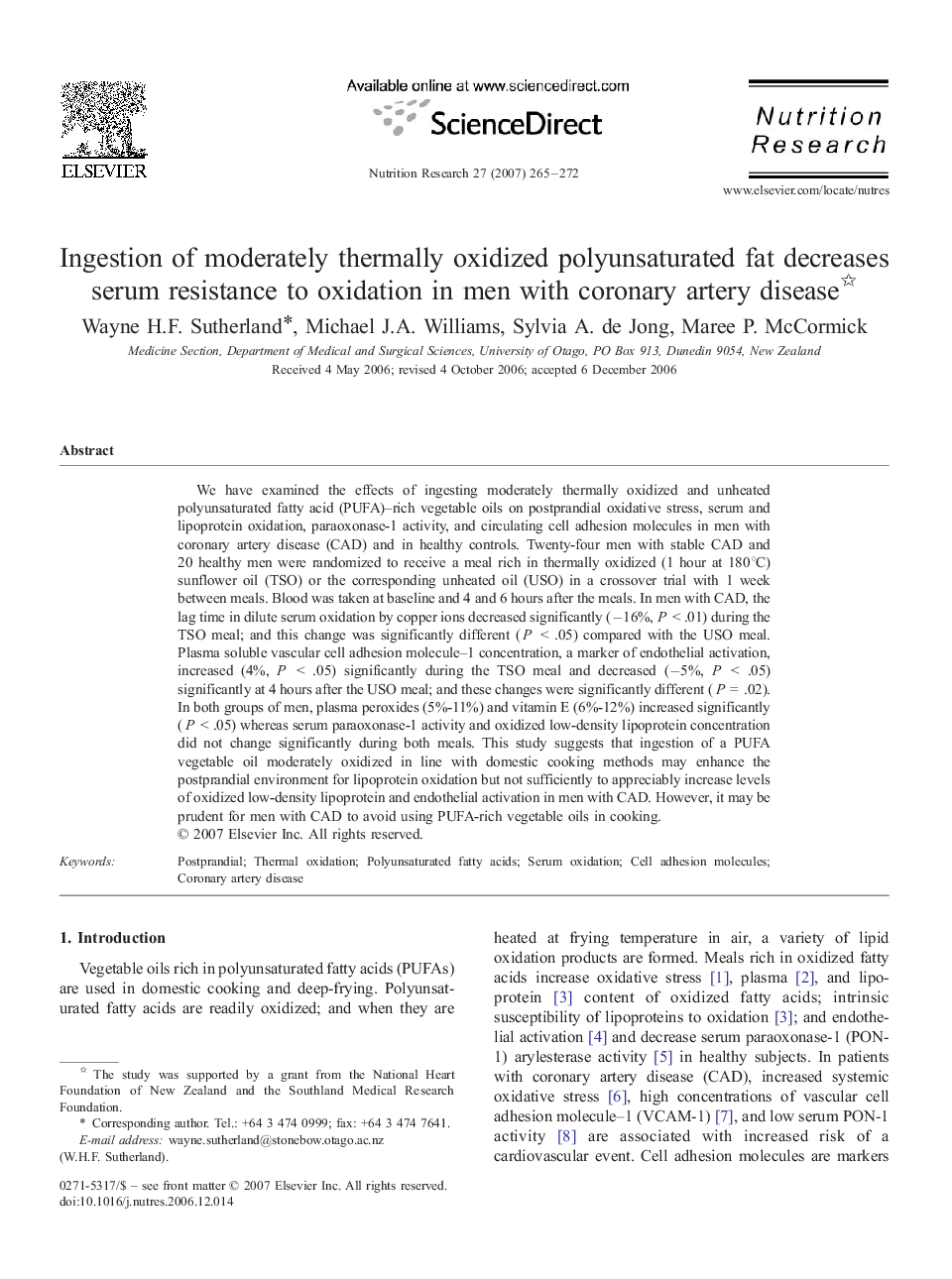 Ingestion of moderately thermally oxidized polyunsaturated fat decreases serum resistance to oxidation in men with coronary artery disease 