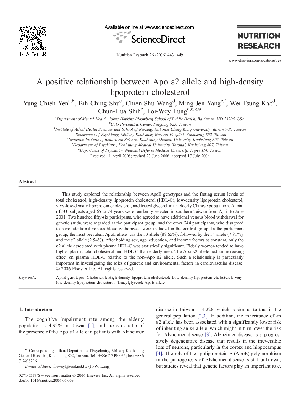 A positive relationship between Apo ε2 allele and high-density lipoprotein cholesterol