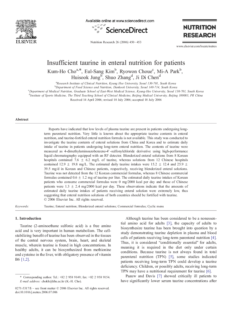 Insufficient taurine in enteral nutrition for patients
