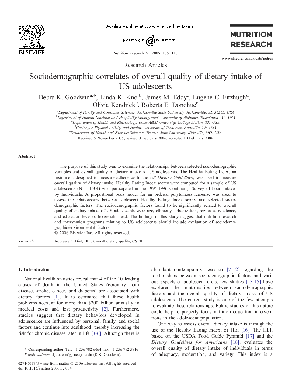 Sociodemographic correlates of overall quality of dietary intake of US adolescents