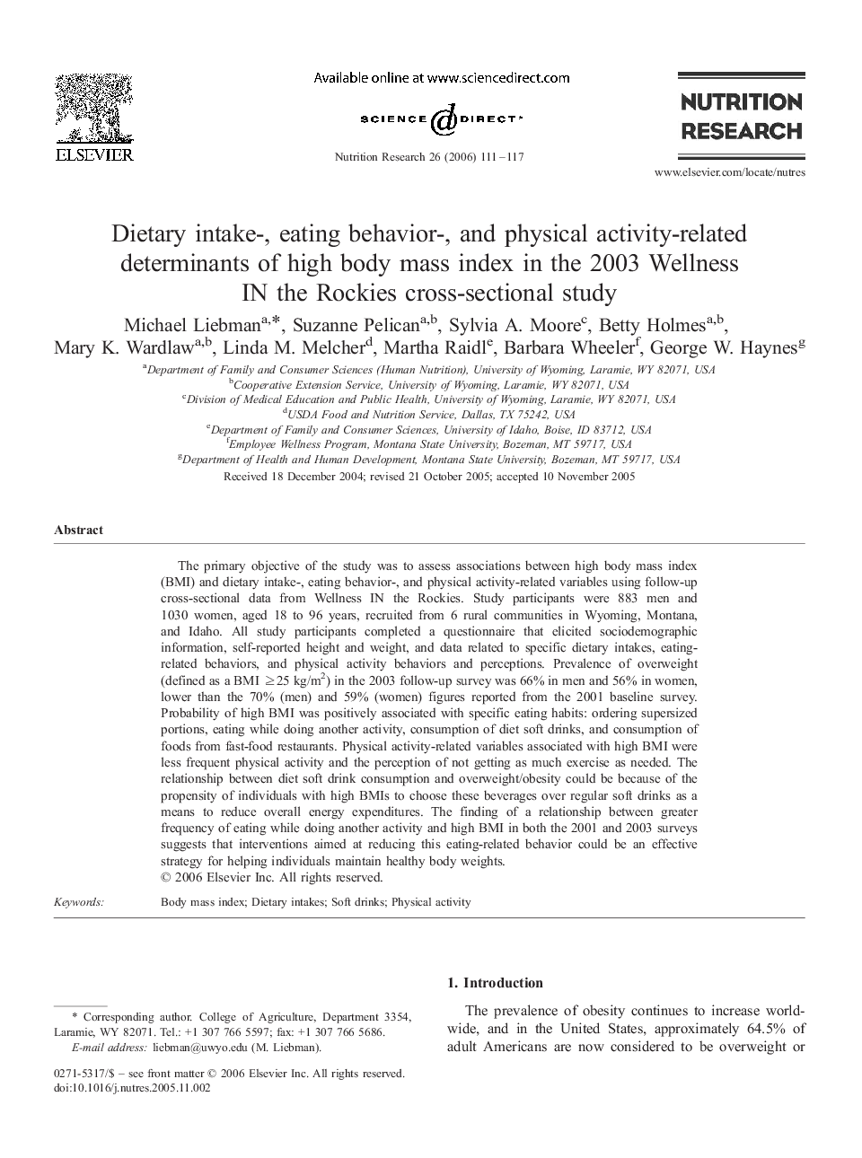 Dietary intake-, eating behavior-, and physical activity-related determinants of high body mass index in the 2003 Wellness IN the Rockies cross-sectional study