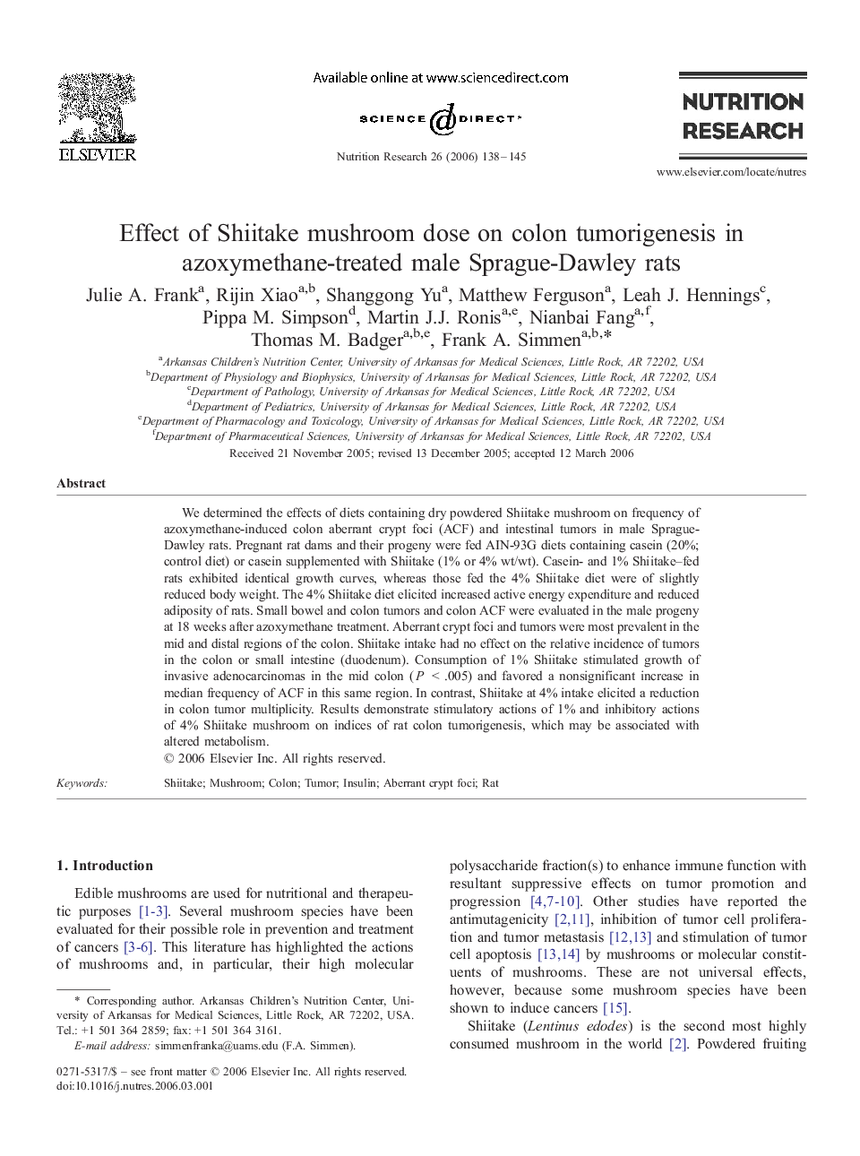 Effect of Shiitake mushroom dose on colon tumorigenesis in azoxymethane-treated male Sprague-Dawley rats