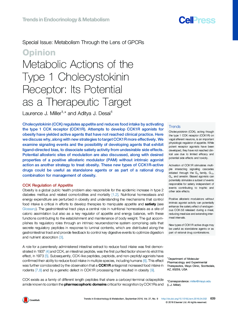 Metabolic Actions of the Type 1 Cholecystokinin Receptor: Its Potential as a Therapeutic Target