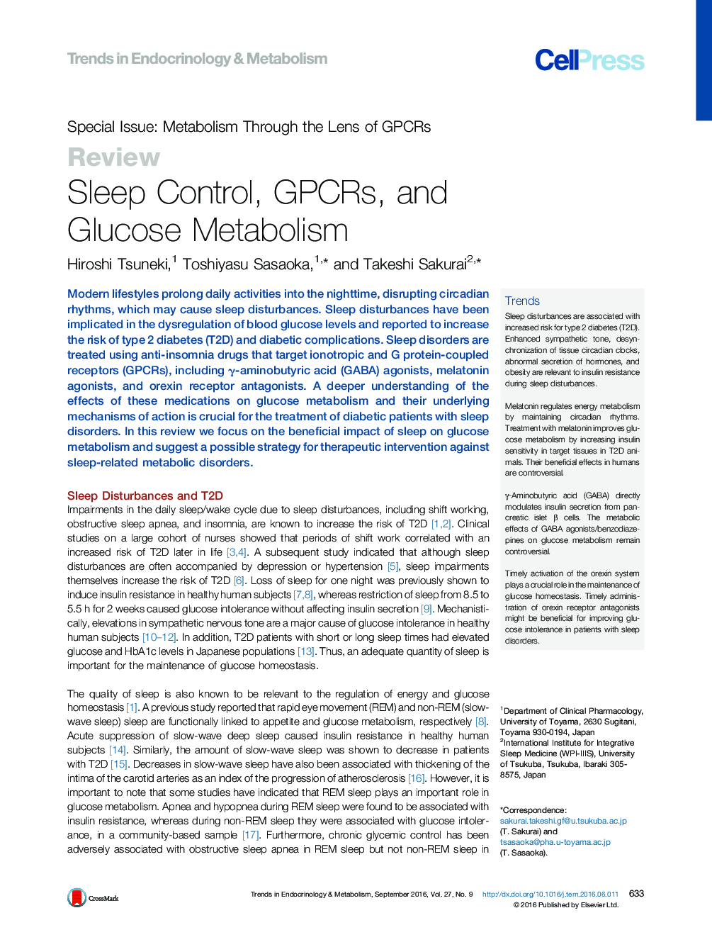 Sleep Control, GPCRs, and Glucose Metabolism