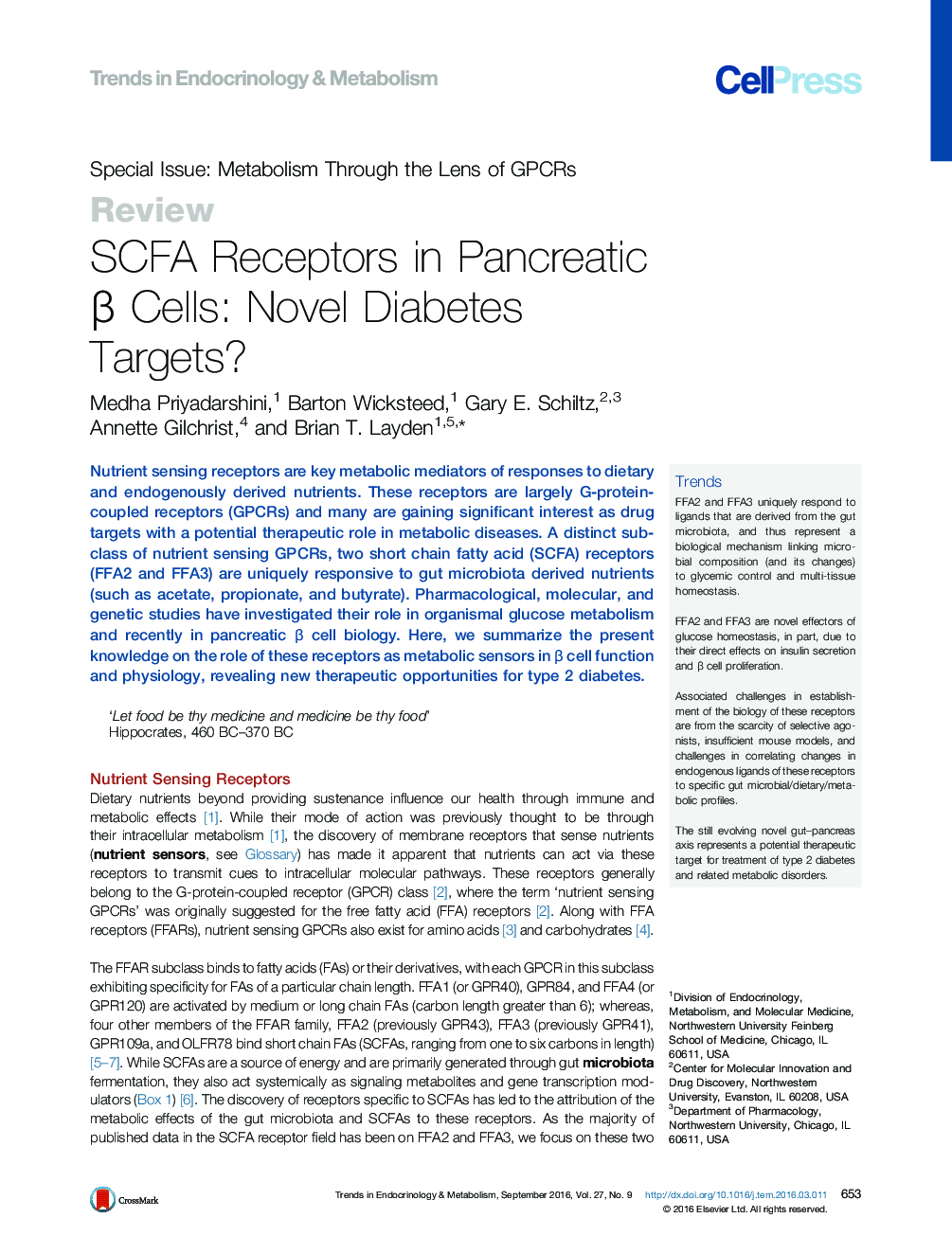 SCFA Receptors in Pancreatic β Cells: Novel Diabetes Targets?