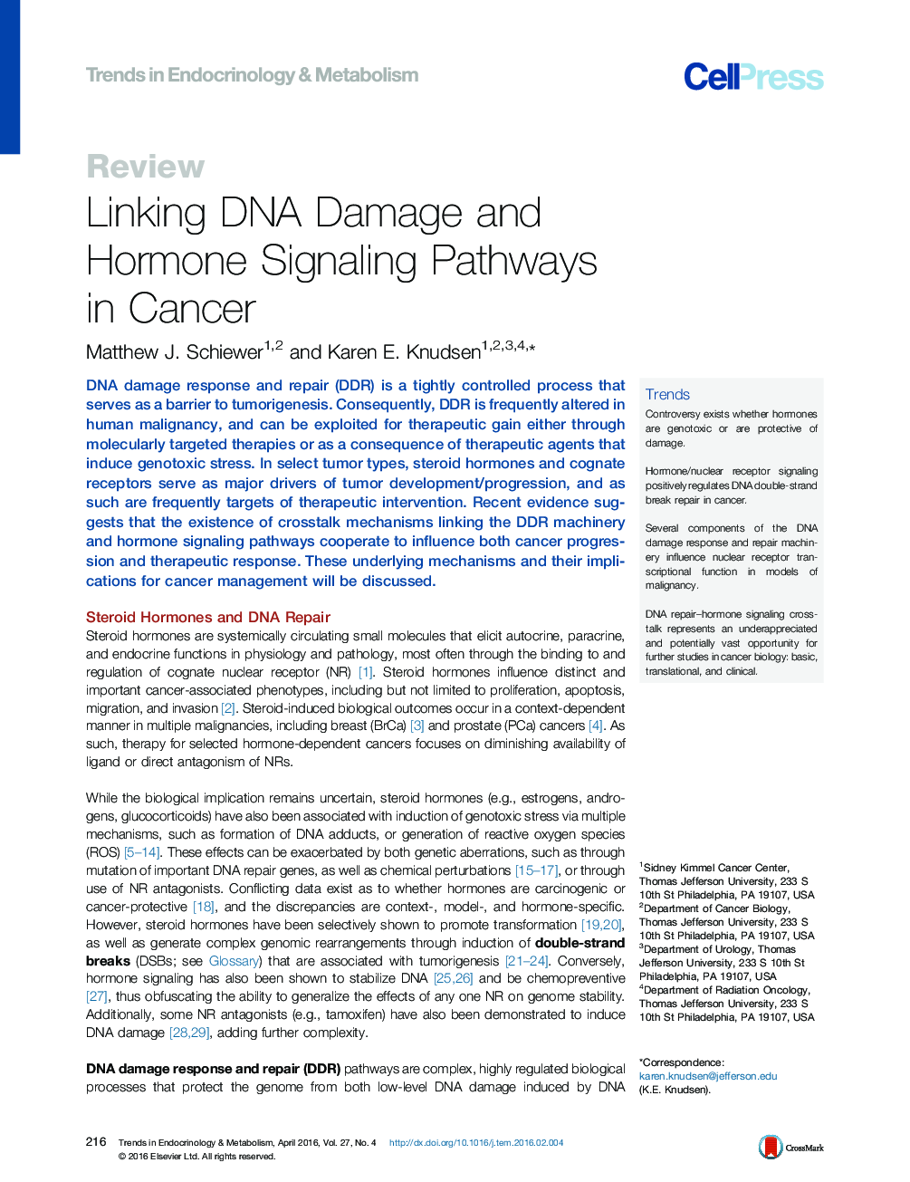 Linking DNA Damage and Hormone Signaling Pathways in Cancer