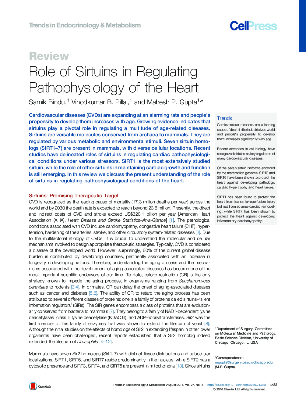 Role of Sirtuins in Regulating Pathophysiology of the Heart