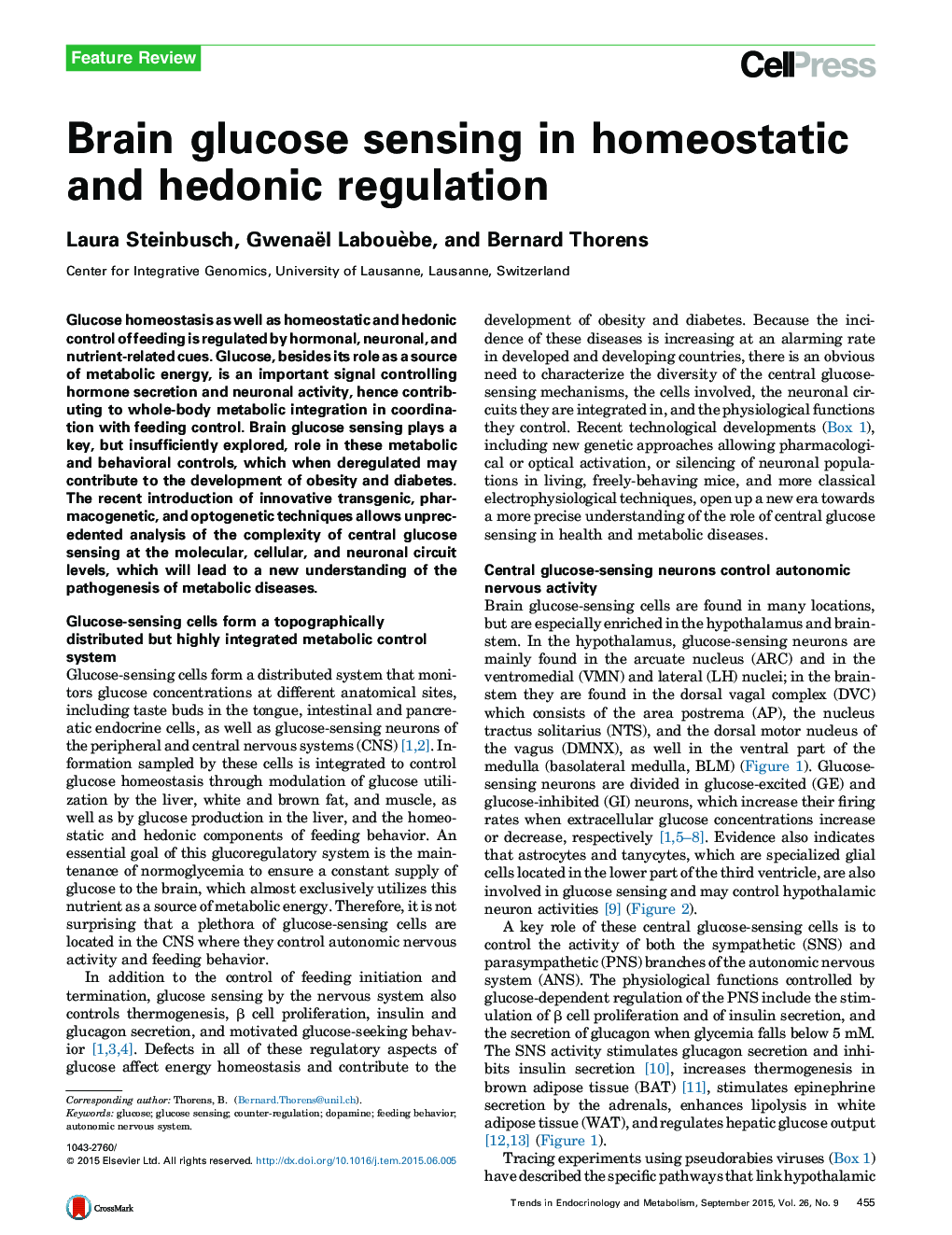 Brain glucose sensing in homeostatic and hedonic regulation