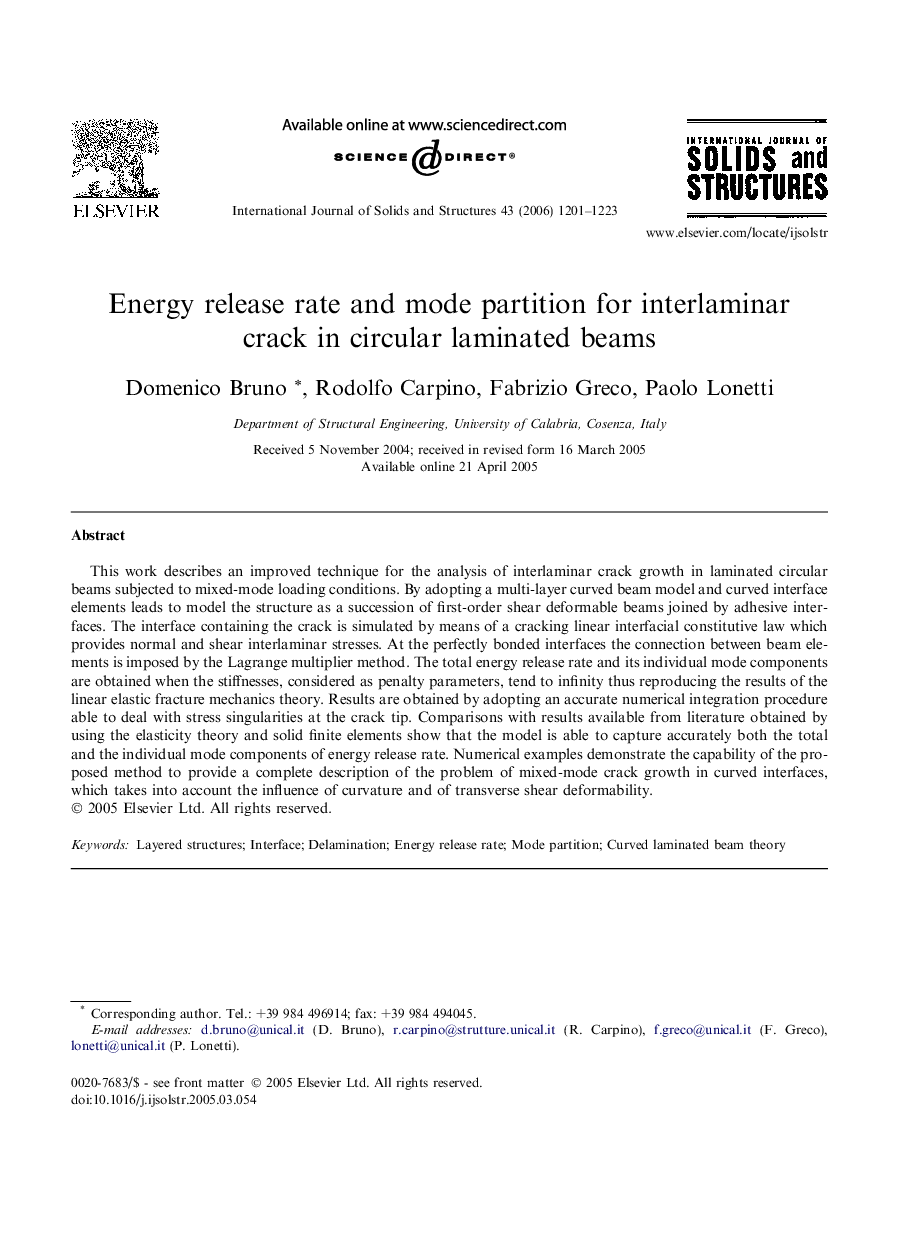 Energy release rate and mode partition for interlaminar crack in circular laminated beams