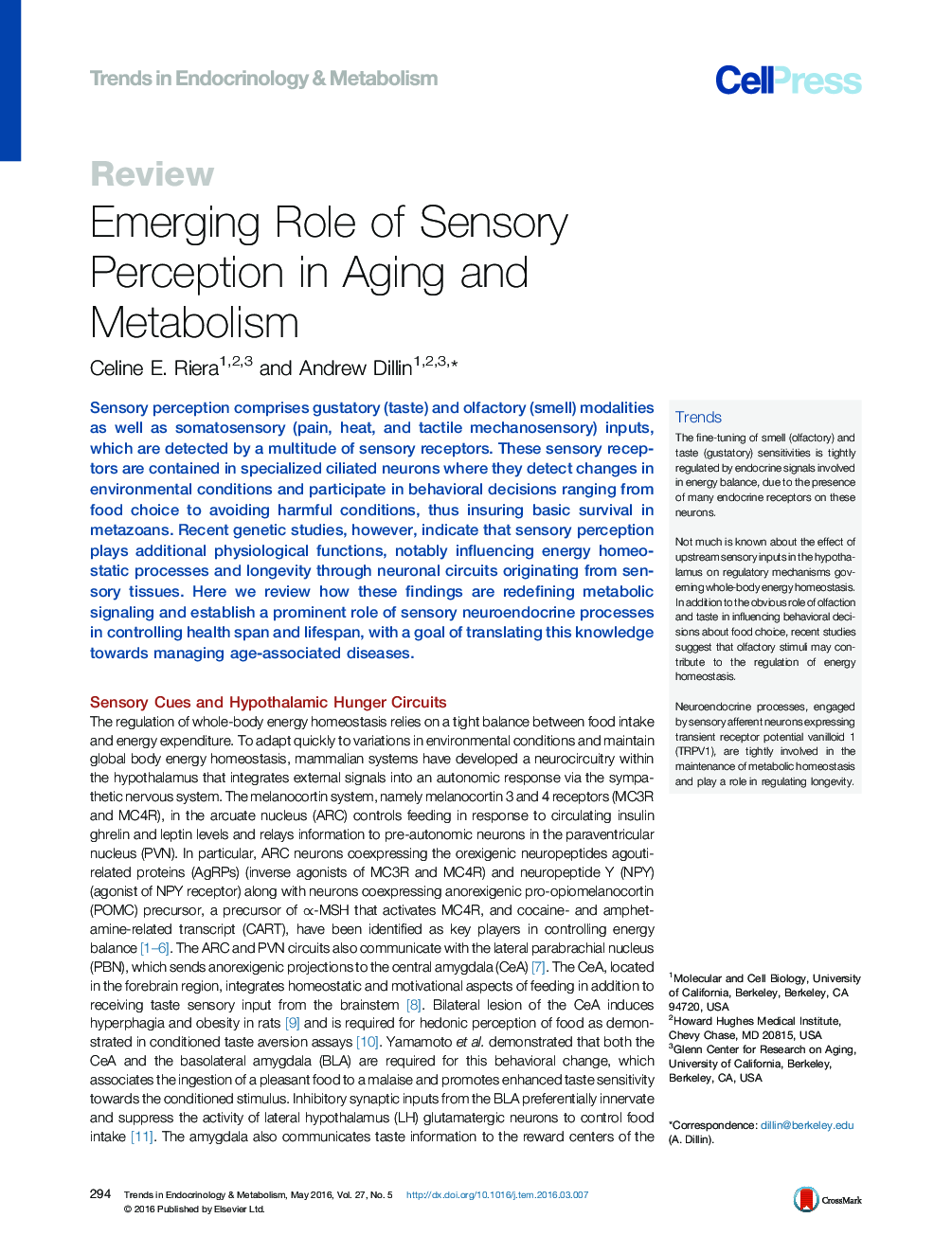 Emerging Role of Sensory Perception in Aging and Metabolism