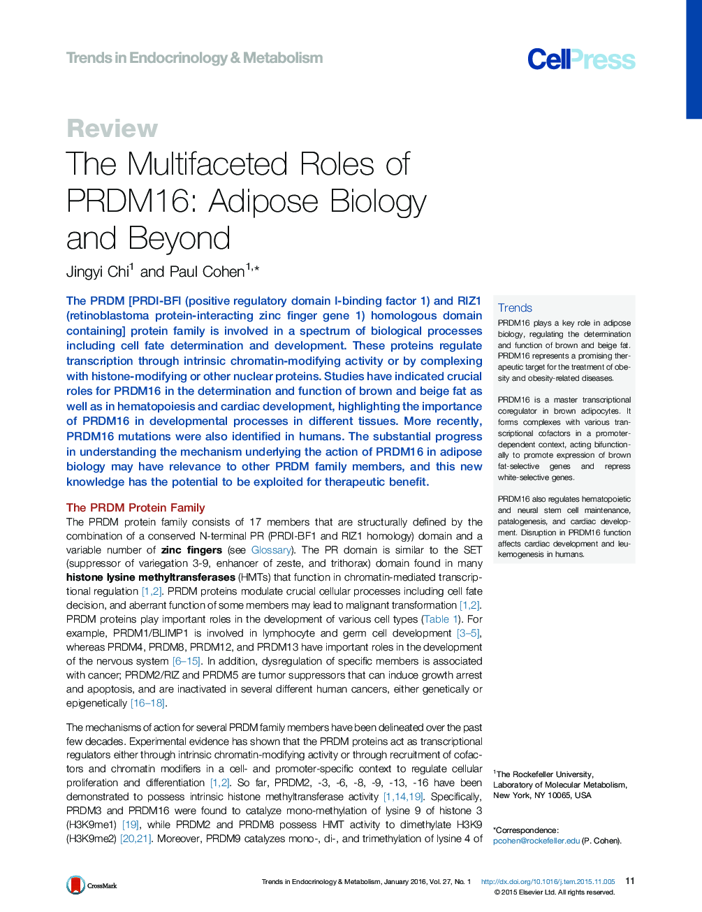 The Multifaceted Roles of PRDM16: Adipose Biology and Beyond