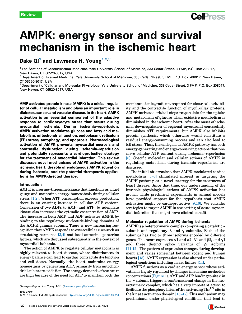 عکس صفحه اول مقاله: AMPK: energy sensor and survival mechanism in the ischemic heart AMPK: energy sensor and survival mechanism in the ischemic heart