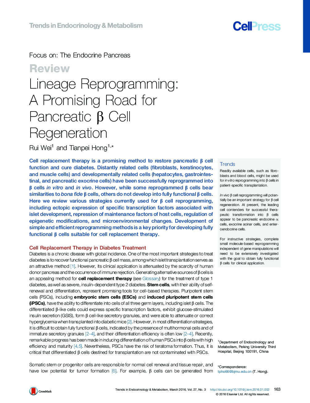 Lineage Reprogramming: A Promising Road for Pancreatic β Cell Regeneration