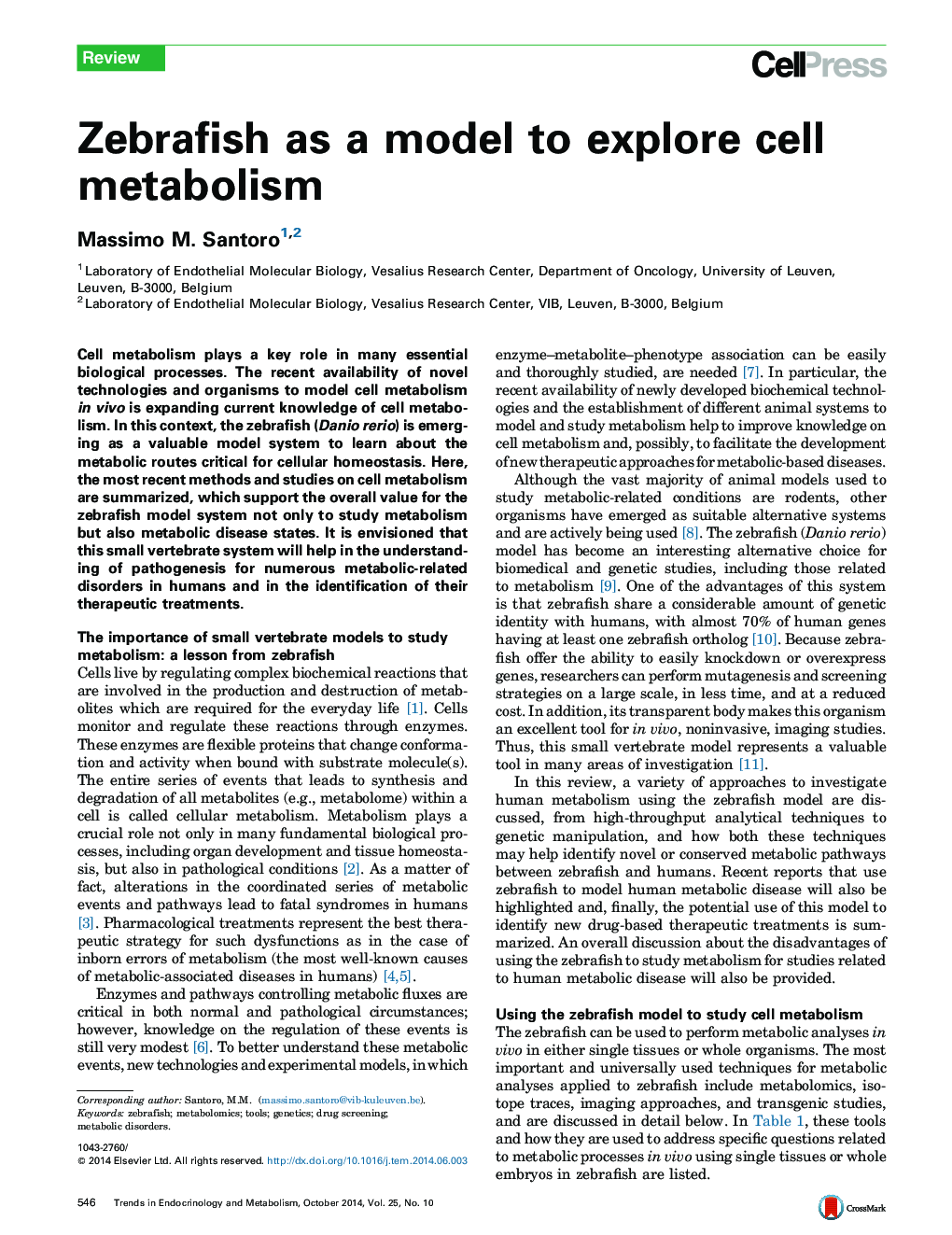 Zebrafish as a model to explore cell metabolism