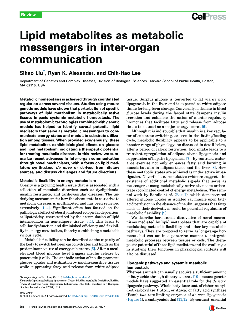 Lipid metabolites as metabolic messengers in inter-organ communication