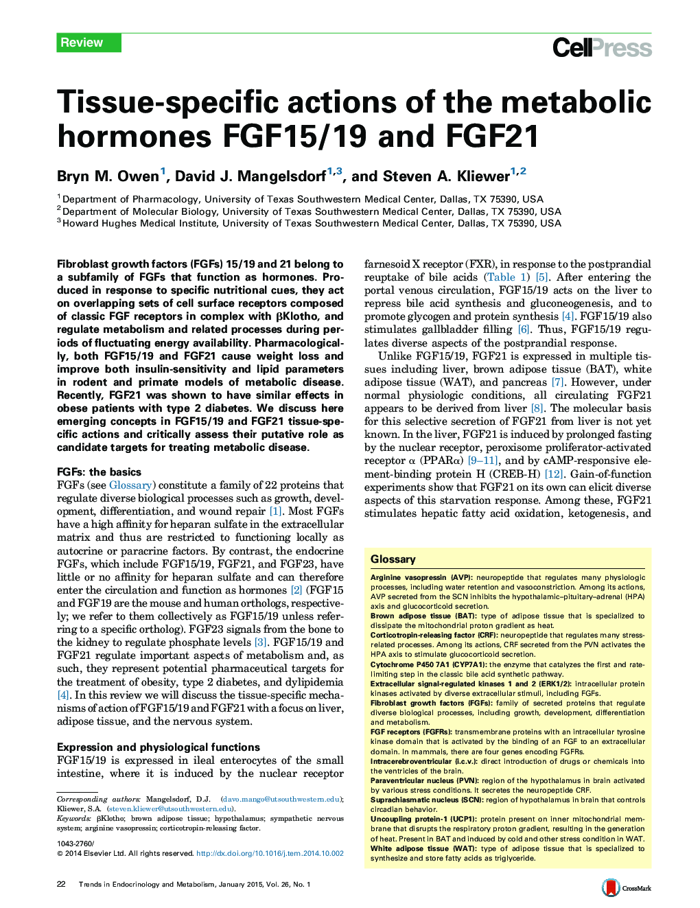 Tissue-specific actions of the metabolic hormones FGF15/19 and FGF21