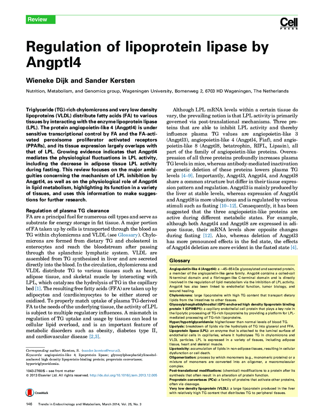 Regulation of lipoprotein lipase by Angptl4