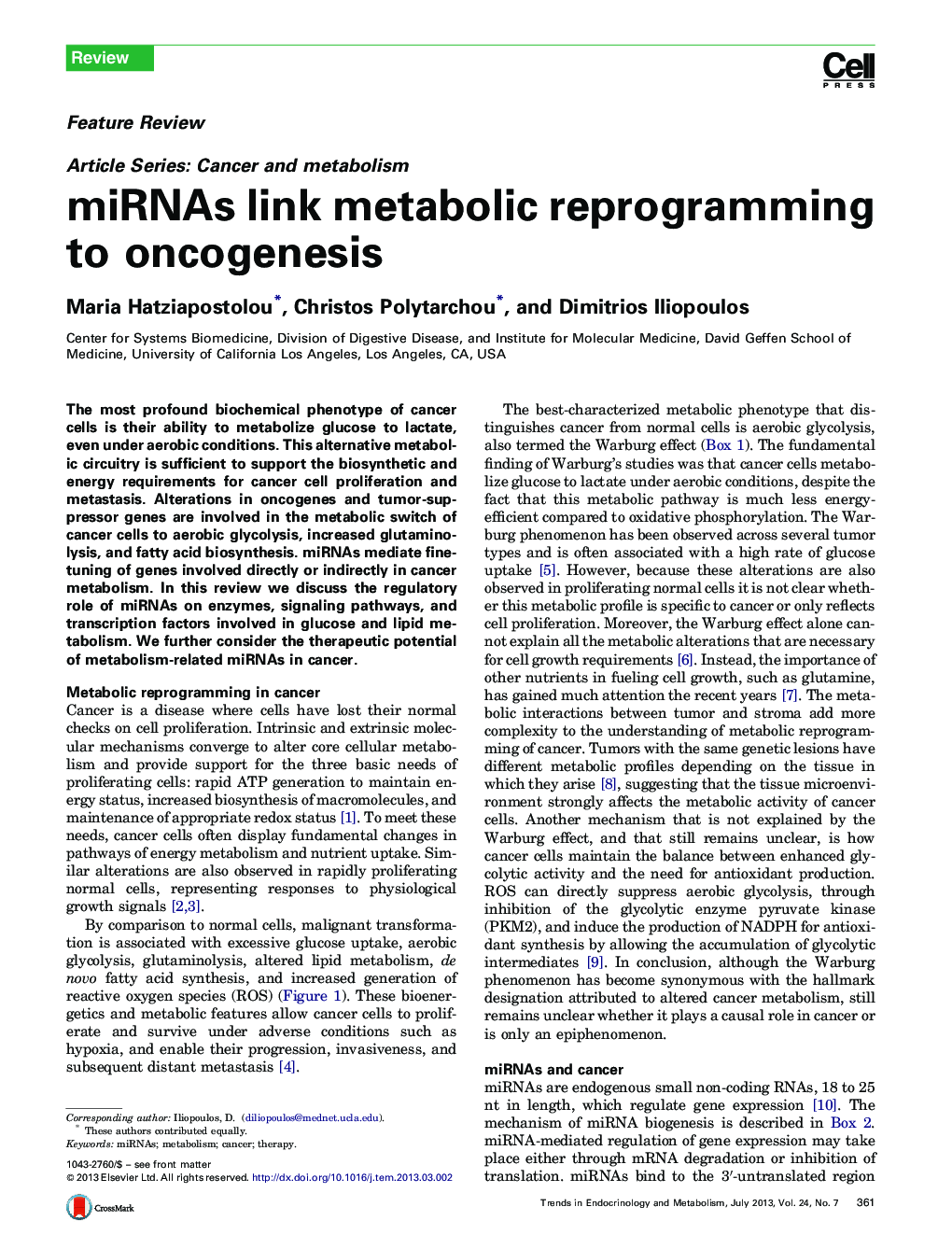 miRNAs link metabolic reprogramming to oncogenesis