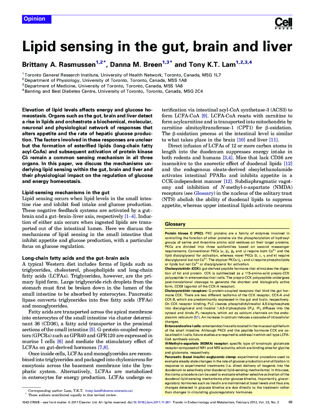 Lipid sensing in the gut, brain and liver